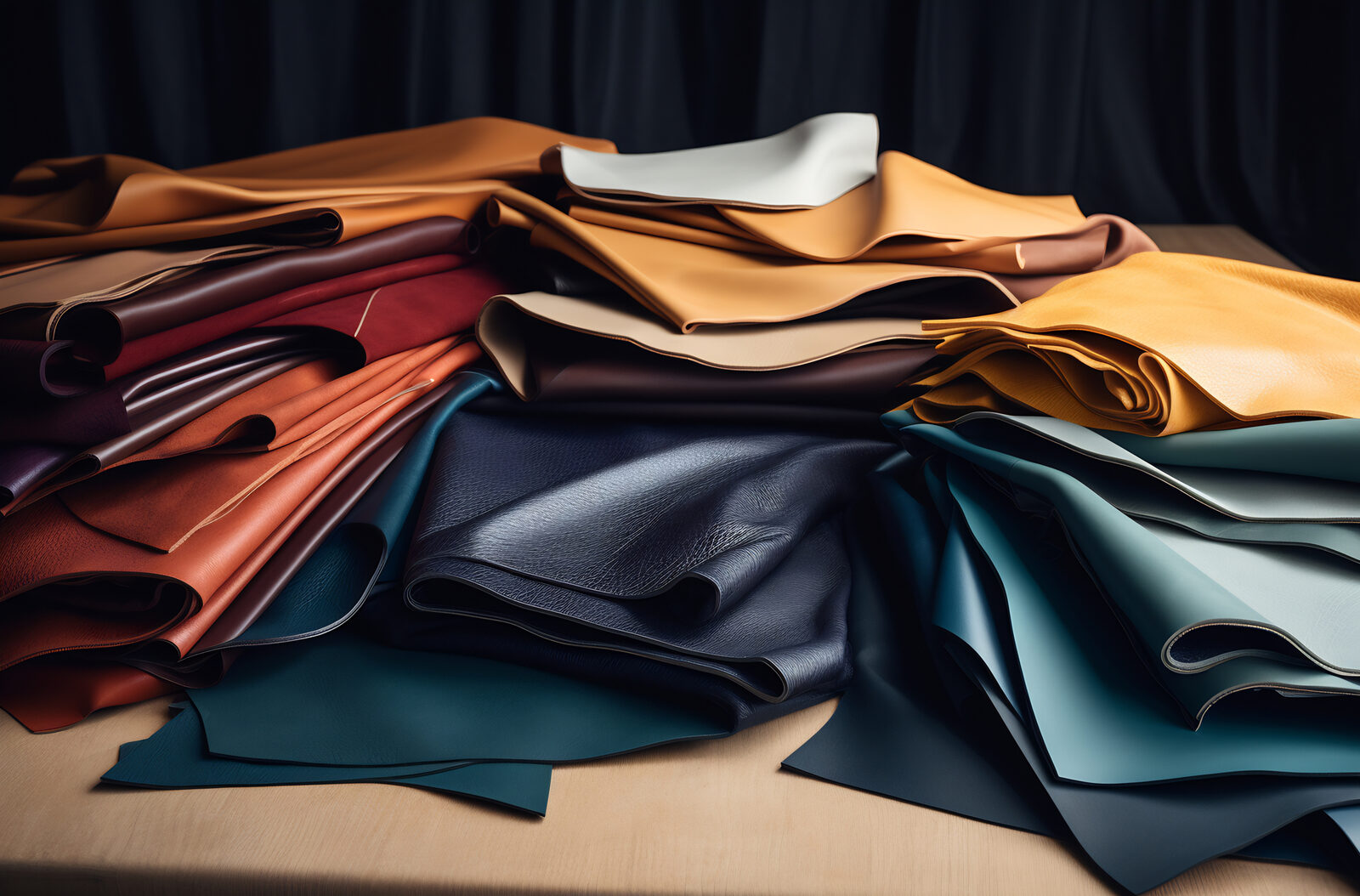 Assorted leather hides in various colors and finishes