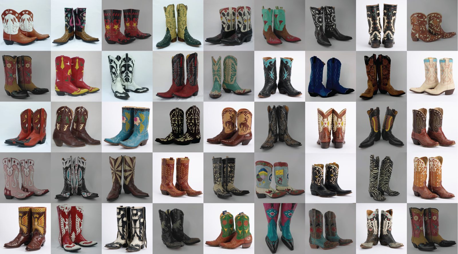 A grid of forty-five pairs of cowboy boots in every color and style, photographed against plain backgrounds
